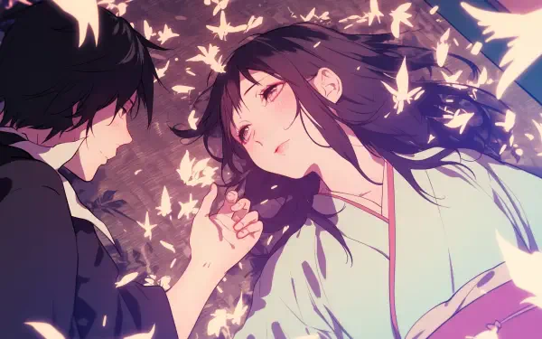 Anime HD wallpaper featuring Yato and Hiyori Iki from Noragami, surrounded by glowing butterflies in a serene and ethereal scene.