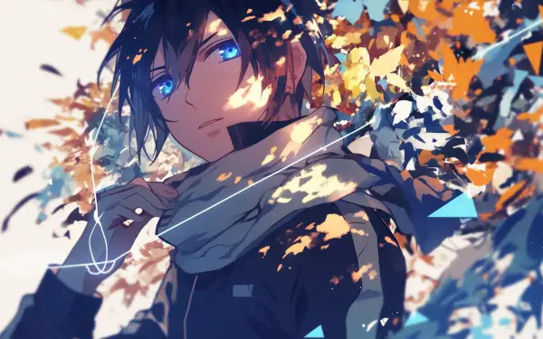 HD anime desktop wallpaper featuring Yato from Noragami, depicted as an anime boy with striking blue eyes amidst vibrant autumn leaves and dynamic lighting.