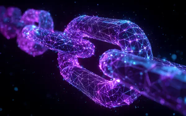 A vibrant 4K Ultra HD desktop wallpaper depicting a glowing blockchain chain link composed of interconnected digital nodes and lines against a dark background.