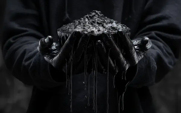 Dark-themed 4K Ultra HD PC wallpaper showing gloved hands holding a dripping, charred, blackened object against a shadowy background.
