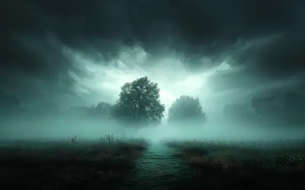 A misty path winding through a fog-covered landscape with silhouetted trees under a moody sky, captured in 4K Ultra HD for a PC desktop wallpaper.
