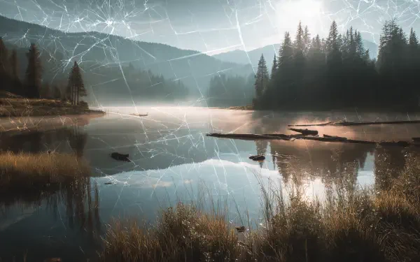 HD PC desktop wallpaper showing a serene forest landscape reflected in still water, overlaid with a cracked screen effect.
