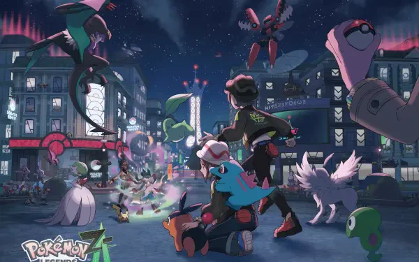 4K Ultra HD PC desktop wallpaper from Pokémon Legends Z-A, featuring characters and Pokémon in an illuminated cityscape at night.