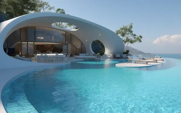HD desktop wallpaper showcasing a luxury resort pool with modern architecture and a serene ocean view under a clear sky.