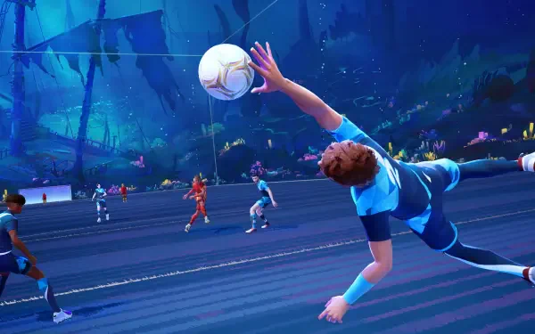 4K Ultra HD PC wallpaper featuring a dynamic soccer video game scene titled REMATCH, showing players in vibrant uniforms competing on a futuristic field.