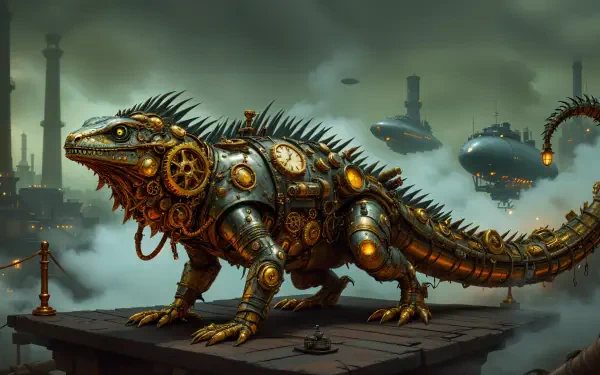 A detailed 4K Ultra HD PC desktop wallpaper featuring a mechanical steampunk lizard with gears and clockwork against a smoky industrial cityscape with floating airships.