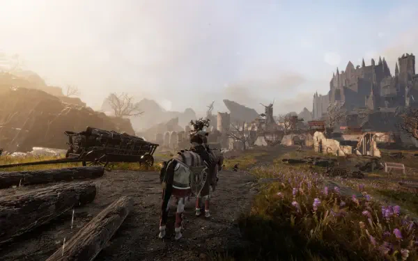 HD desktop wallpaper showcasing a medieval village from the video game Tainted Grail: The Fall of Avalon, featuring a rider on horseback amidst rustic buildings and a distant castle.