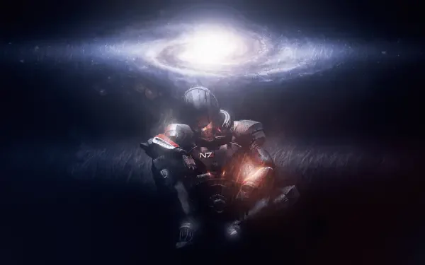 8K Ultra HD wallpaper featuring Commander Shepard from the Mass Effect video game, set against a cosmic galaxy backdrop for a striking PC desktop background.