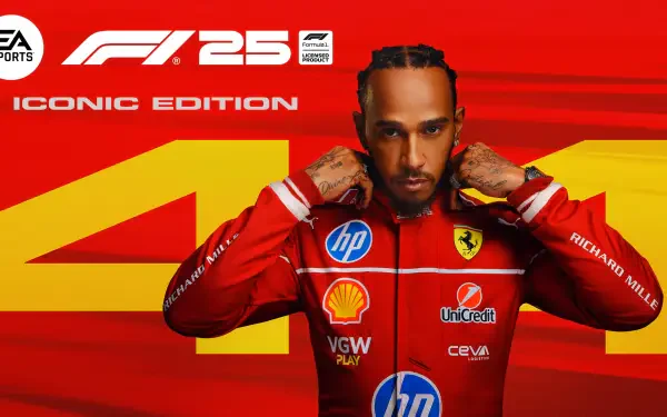 HD PC desktop wallpaper featuring Lewis Hamilton in Ferrari racing gear promoting the video game F1 25 Iconic Edition against a vibrant red and yellow background.