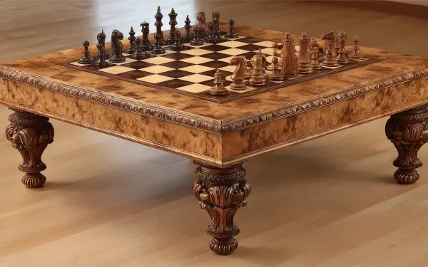 HD desktop wallpaper featuring an intricately carved wooden chessboard table with detailed chess pieces set for play on a polished wood floor.
