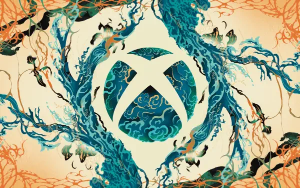 HD PC desktop wallpaper featuring dynamic Xbox gaming art with swirling blue and orange organic patterns surrounding the iconic Xbox logo, blending video game culture and digital design.