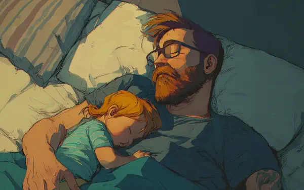 4K Ultra HD wallpaper depicting a tired dad sleeping peacefully while holding his child close, capturing a tender moment of rest and bonding.