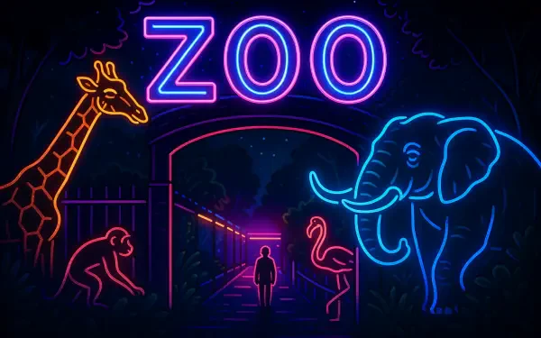 Neon-style 4K Ultra HD PC desktop wallpaper depicting a zoo entrance with glowing outlines of a giraffe, elephant, flamingo, and monkey against a dark background.