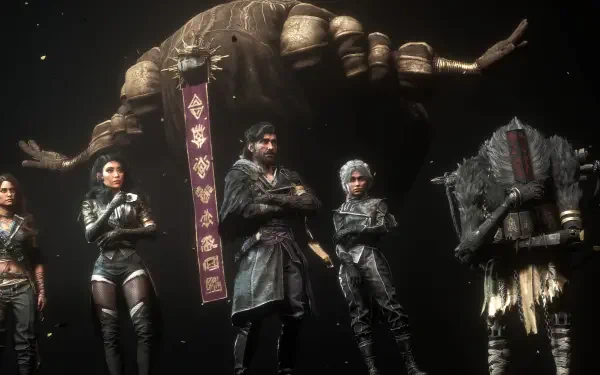 HD PC desktop wallpaper from the video game Clair Obscur: Expedition 33, featuring a group of characters in dark, futuristic attire standing under a giant creature.