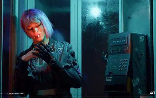 Cyberpunk girl with pink hair stands inside a phone box, illuminated by neon blue and red lights in this 4K Ultra HD PC desktop wallpaper.