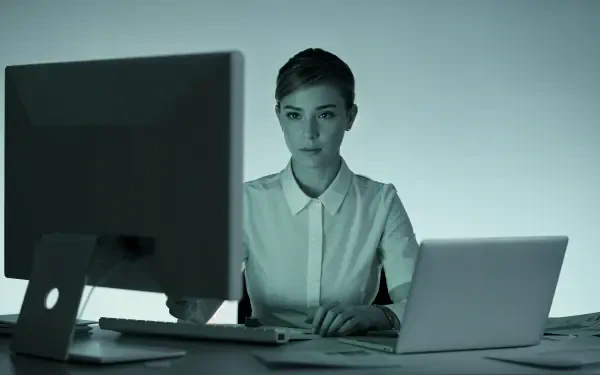 Office worker focused on tasks with dual monitors in a minimalist workspace, captured in 4K Ultra HD for PC desktop wallpaper and background.
