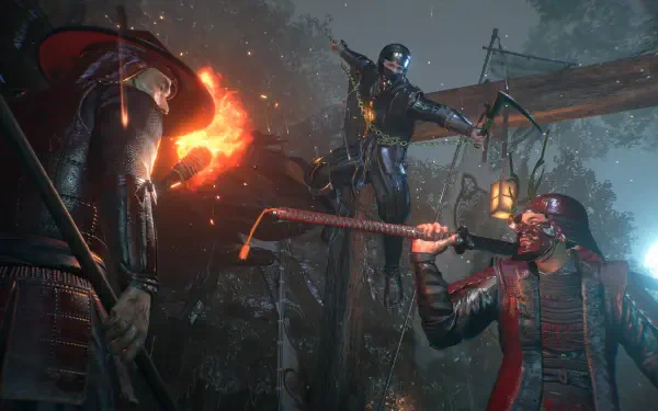 4K Ultra HD PC wallpaper showcasing intense combat between armored warriors in the video game Nioh 3, featuring dynamic lighting and detailed medieval design.