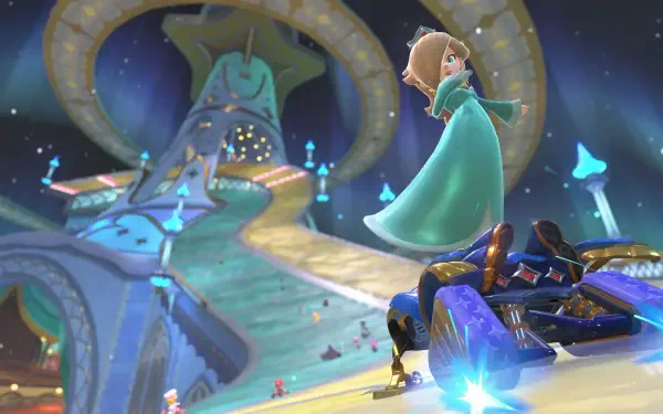 4K Ultra HD Mario Kart World wallpaper featuring a dynamic race scene with a character in a blue dress and a high-tech kart speeding down a glowing, futuristic track.