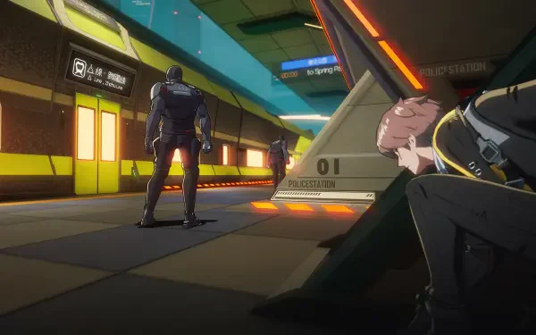 HD PC desktop wallpaper from the video game Etheria: Restart, depicting two characters in a futuristic, neon-lit subway station scene.