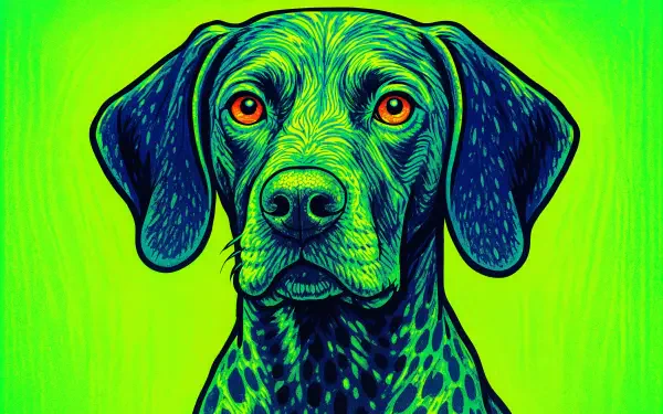 Vibrant digital artwork of a German Shorthaired Pointer with striking orange eyes on a bright green background, rendered in 4K Ultra HD for PC desktop wallpaper.