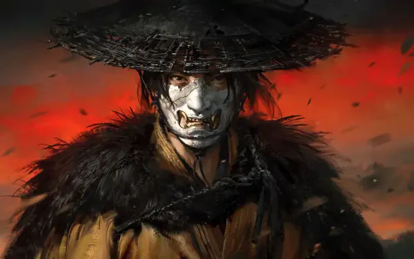 Atsu from the video game Ghost of Yōtei stands against a fiery red backdrop, wearing a traditional straw hat and a sinister mask in this 4K Ultra HD PC wallpaper.