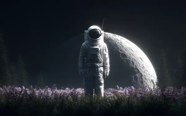 A sci-fi astronaut stands in a field of flowers under a large, detailed moon, rendered in stunning 4K Ultra HD for a PC desktop wallpaper background.