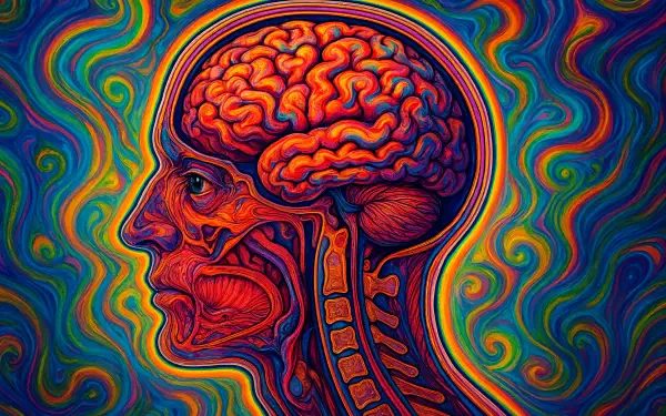 Vibrant cutaway view of a human head highlighting the brain and spinal cord, presented as a detailed 4K Ultra HD PC desktop wallpaper with swirling colorful background.