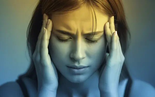 A woman with eyes closed, pressing her temples in pain, representing a headache; styled as a 4K Ultra HD PC desktop wallpaper and background.