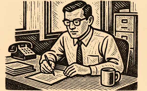 Illustration of an office worker writing at a desk, featuring vintage style details, presented as a 4K Ultra HD PC desktop wallpaper and background.