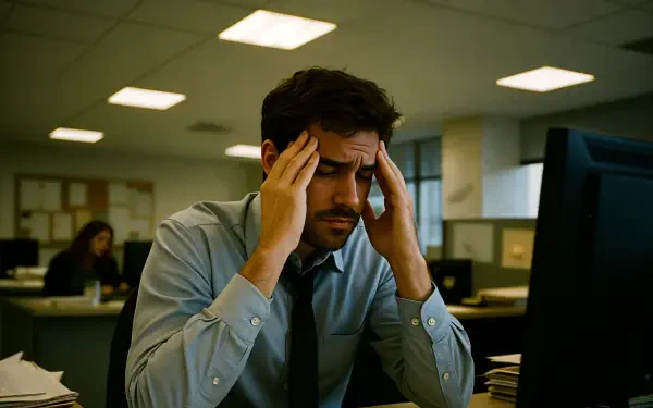 A stressed man in a dimly lit office holds his head in frustration, illustrating workplace stress in a 4K Ultra HD PC desktop wallpaper and background.