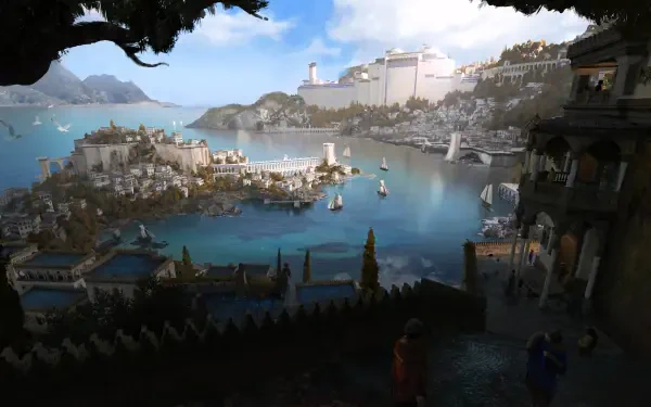 4K Ultra HD desktop wallpaper painting of a serene medieval cityscape with historic architecture and a vibrant harbor set against a calm waterfront landscape.