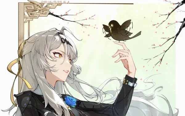HD PC desktop wallpaper featuring Yixuan from the video game Zenless Zone Zero, showcasing her silver hair and a small bird perched on her finger against a delicate cherry blossom background.