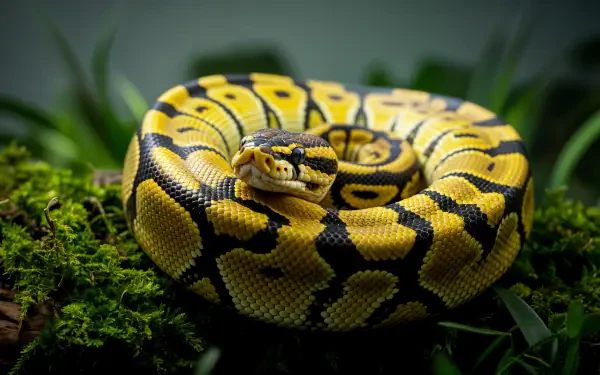 Close-up of a vibrant yellow and black Ball Python coiled on green moss, captured in stunning 4K Ultra HD for PC desktop wallpaper and background.
