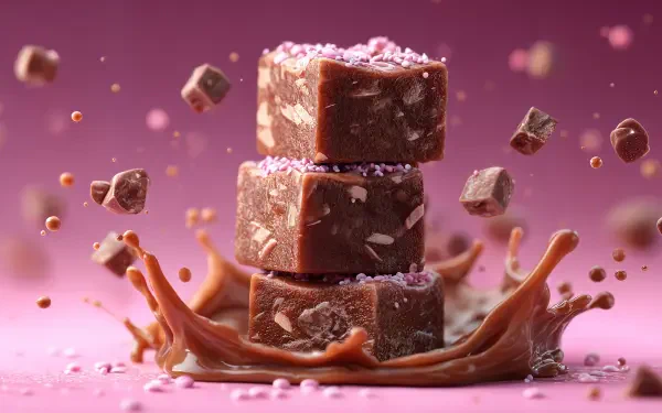 Close-up 4K Ultra HD wallpaper of three stacked chocolate fudge pieces with coconut flakes, surrounded by splashing chocolate on a pink background.