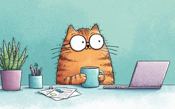 4K Ultra HD PC desktop wallpaper of a wide-eyed orange cat holding a mug, sitting at a desk with a laptop, papers, and potted plants on a light blue background.