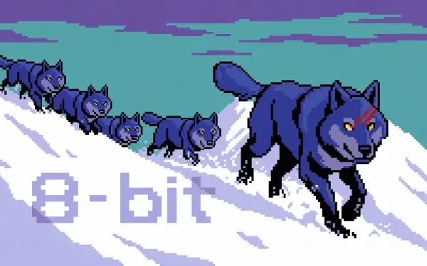 8-bit style Wolf Pack in a snowy landscape, presented as a 4K Ultra HD PC desktop wallpaper and background with pixel art wolves under a vibrant sky.