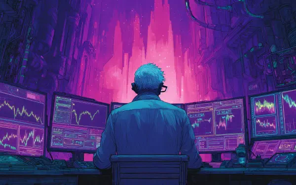 A man stock trader monitors multiple trading charts on screens in a vibrant, neon-lit room, depicted in 4K Ultra HD as a PC desktop wallpaper and background.