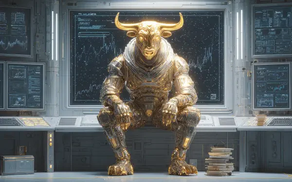 A futuristic 4K Ultra HD desktop wallpaper depicting a metallic bull symbolizing a stock trader, surrounded by digital financial charts in a high-tech control room.
