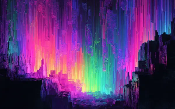 4K Ultra HD artistic glitch wallpaper featuring vibrant vertical streaks of neon pink, purple, blue, and green, creating an abstract digital landscape background.