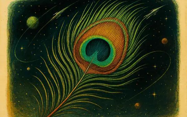 A vibrant peacock feather set against a dark, starry background, captured in stunning detail as a 4K Ultra HD PC desktop wallpaper.