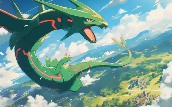 HD anime-style wallpaper featuring Rayquaza, the flying Pokémon, soaring above a vibrant landscape with clear skies and distant mountains.