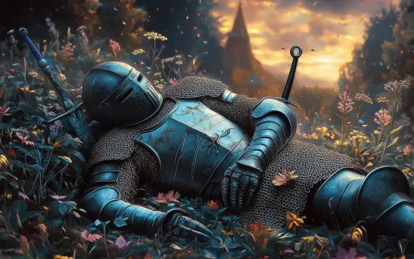 A fallen knight in detailed armor lies among flowers at sunset, evoking a dark fantasy adventure and the silence of death in this HD PC desktop wallpaper.