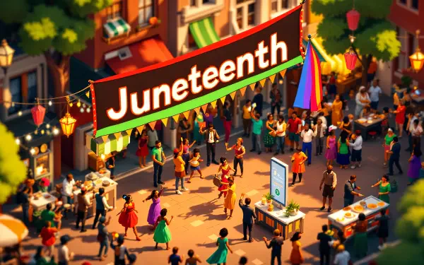 4K Ultra HD PC desktop wallpaper depicting a vibrant Juneteenth street celebration with diverse people, festive decorations, and illuminated banners.