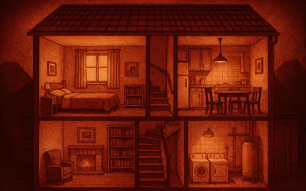 Cutaway view of a cozy house interior at night, showcasing a bedroom, kitchen, living room, and laundry area in warm tones. 4K Ultra HD PC desktop wallpaper.