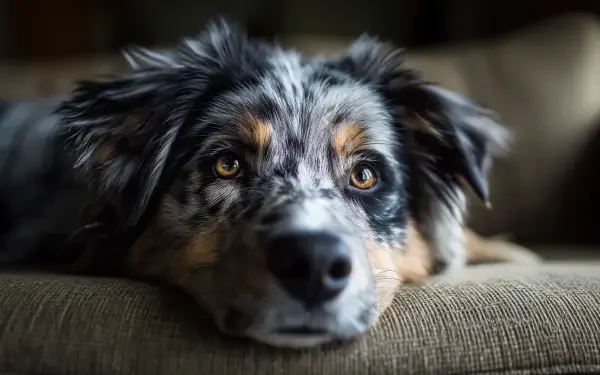 A close-up 4K Ultra HD image of an Australian Shepherd dog resting on a couch, showcasing its expressive eyes and distinctive fur pattern.