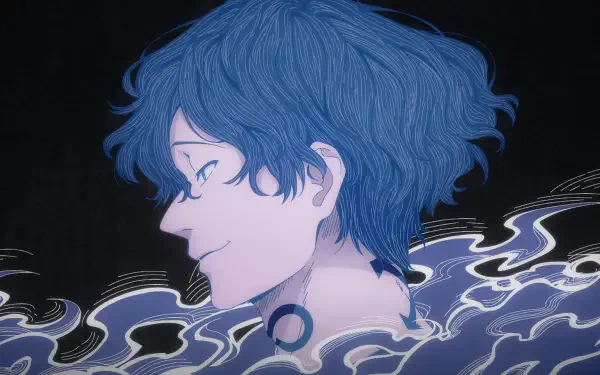 Anime Wind Breaker HD PC desktop wallpaper: blue-haired youth in profile emerging from swirling dark waves and mist on a black backdrop.