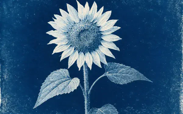 4K Ultra HD PC desktop wallpaper featuring a detailed white and blue sunflower illustration on a textured deep blue background.