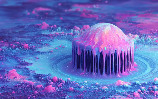 A vibrant 4K Ultra HD abstract liquid scene featuring a melting dome with glowing purple and pink hues, creating a surreal and dynamic desktop background.