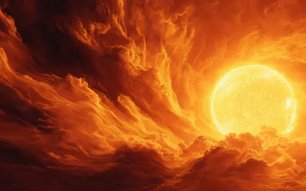 4K Ultra HD PC desktop wallpaper featuring a glowing sun partially obscured by dynamic, fiery orange clouds.