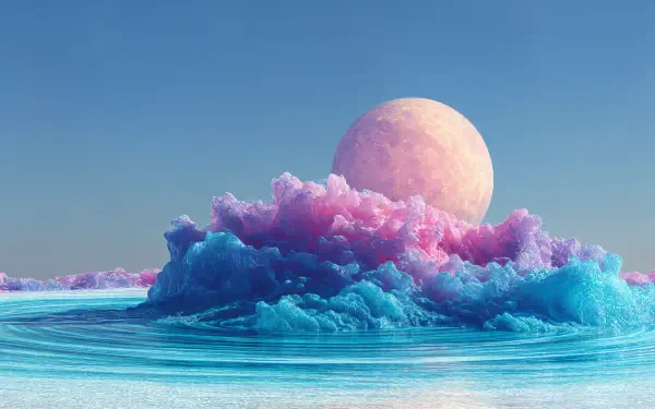 Abstract 4K Ultra HD desktop wallpaper featuring a surreal ocean scene with vibrant blue waves, pink clouds, and a large pale moon against a clear sky.